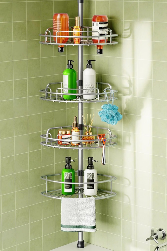 Corner Shower Caddy Tension Pole: 4-Tier Rust-Resistant Adjustable Bathroom O...