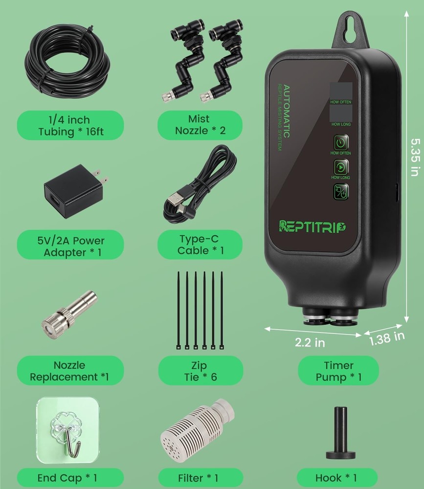 Reptile Mister System with Timer, Reptile Humidifiers Automatic, 360°Adjustab...