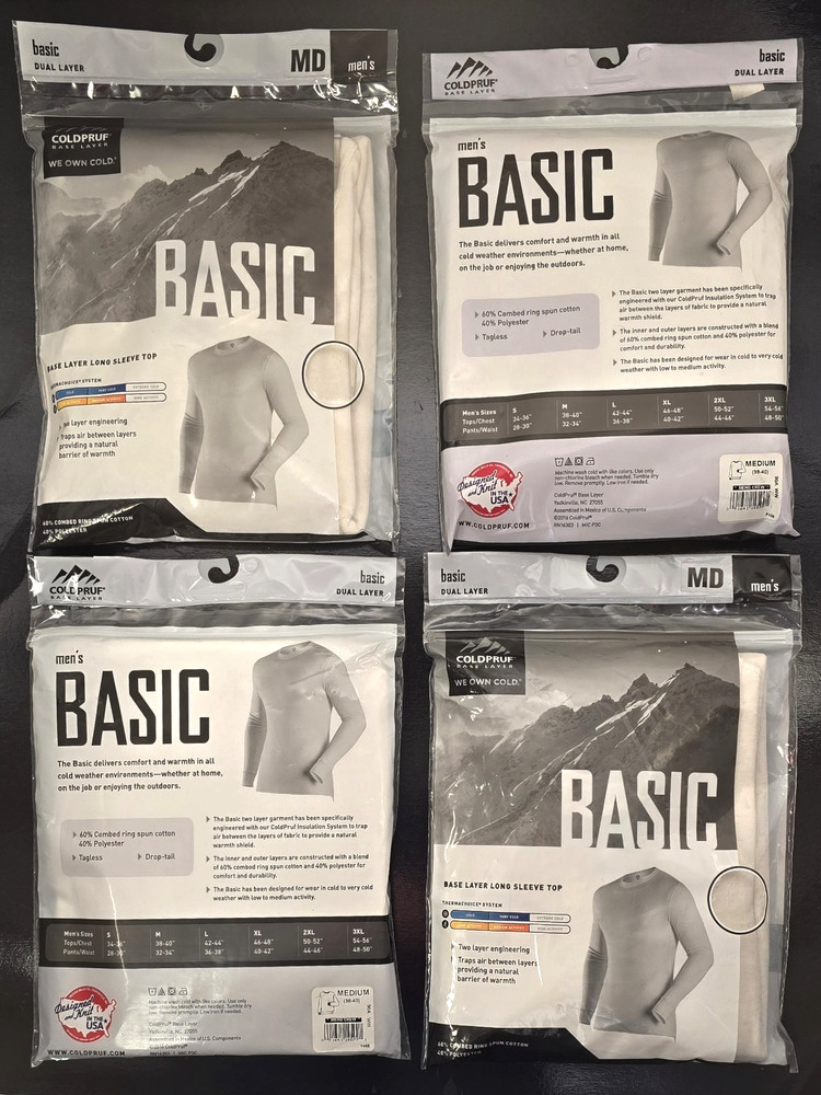 (4) COLDPRUF Base Layer Basic Men LS White Crew Neck 2 Layer Thermachoice Medium