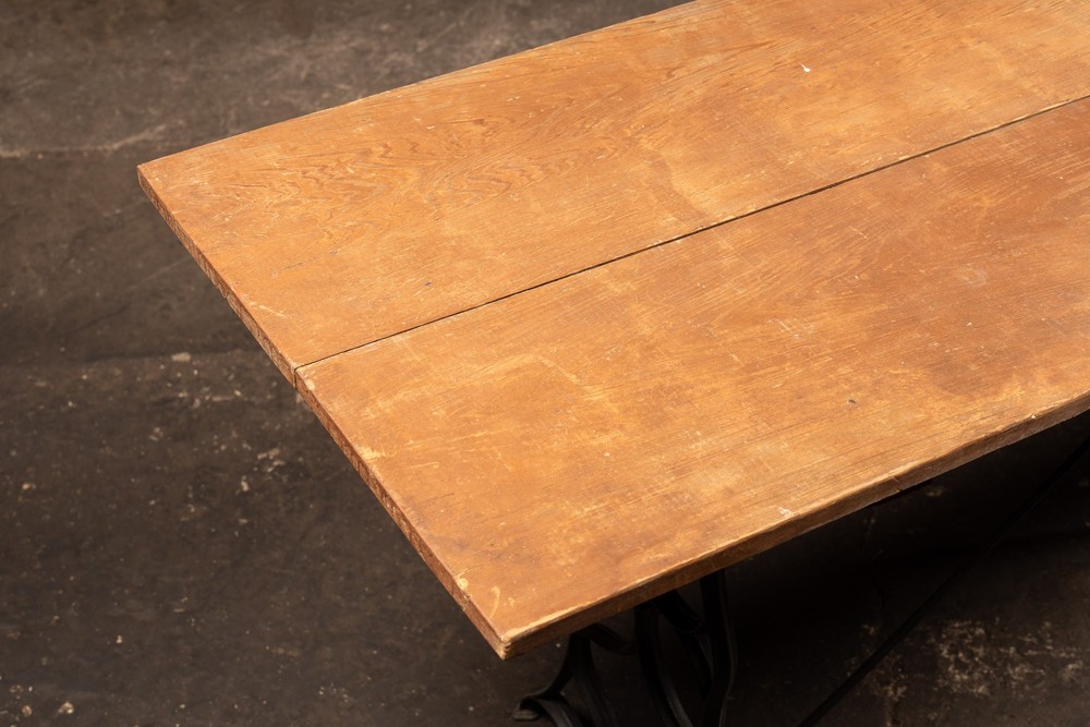 Early Industrial Oak Plank Table with Cast Iron Machine Base