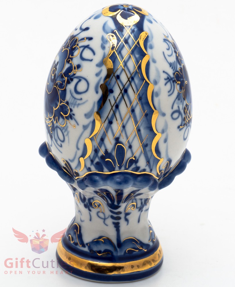 Gzhel Porcelain Easter Egg Hand-painted gold plated