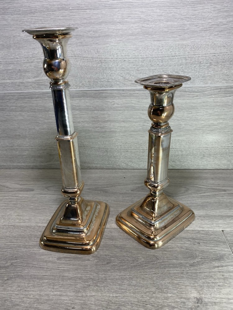 Pair 19th c. Old Sheffield Silver Plate on Copper Telescoping Candlesticks