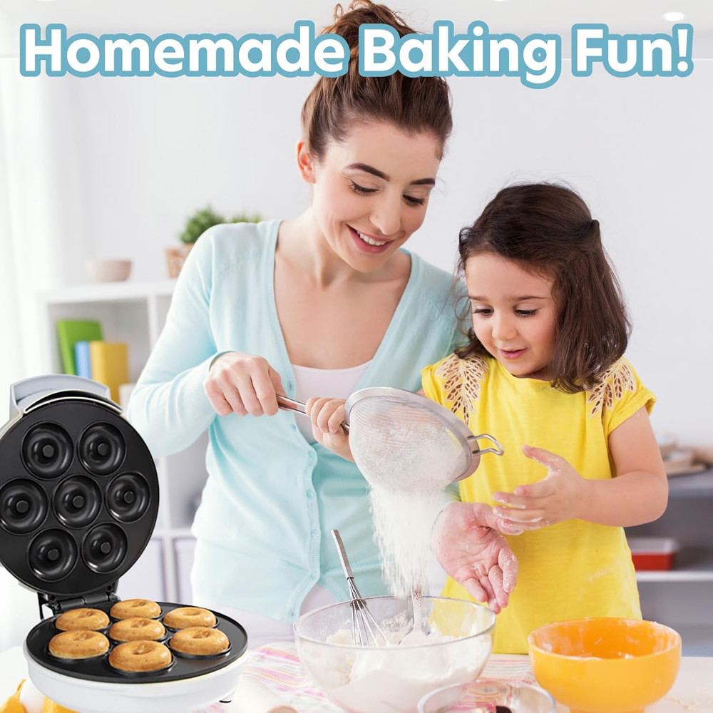 Mini Donut Maker- Electric Nonstick Surface Makes 7 Small Doughnuts- Decorate Fr