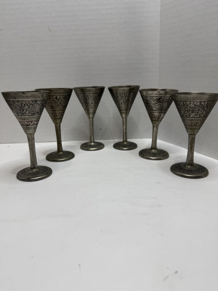 6 Vintage Small Solid Etched Brass Silver Wine Goblets/Whiskey Cups