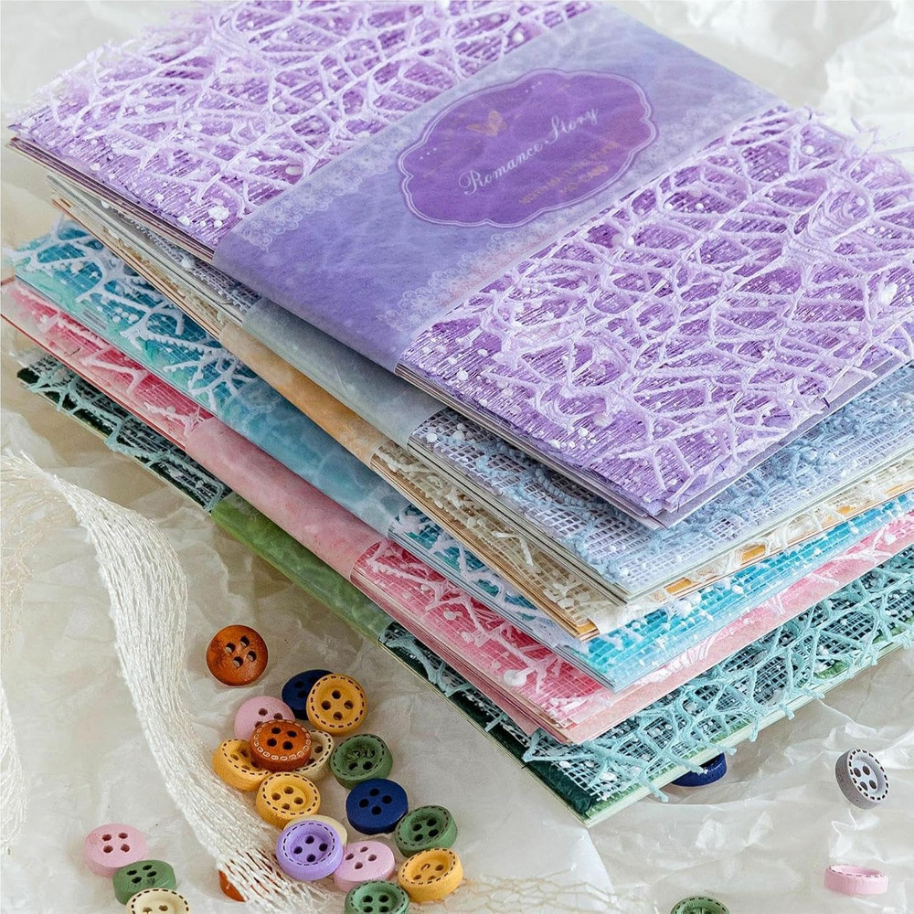 52 Sheets Textured Scrapbook Paper and Mesh Fabric Assorted Set, 2 Themes Mixed