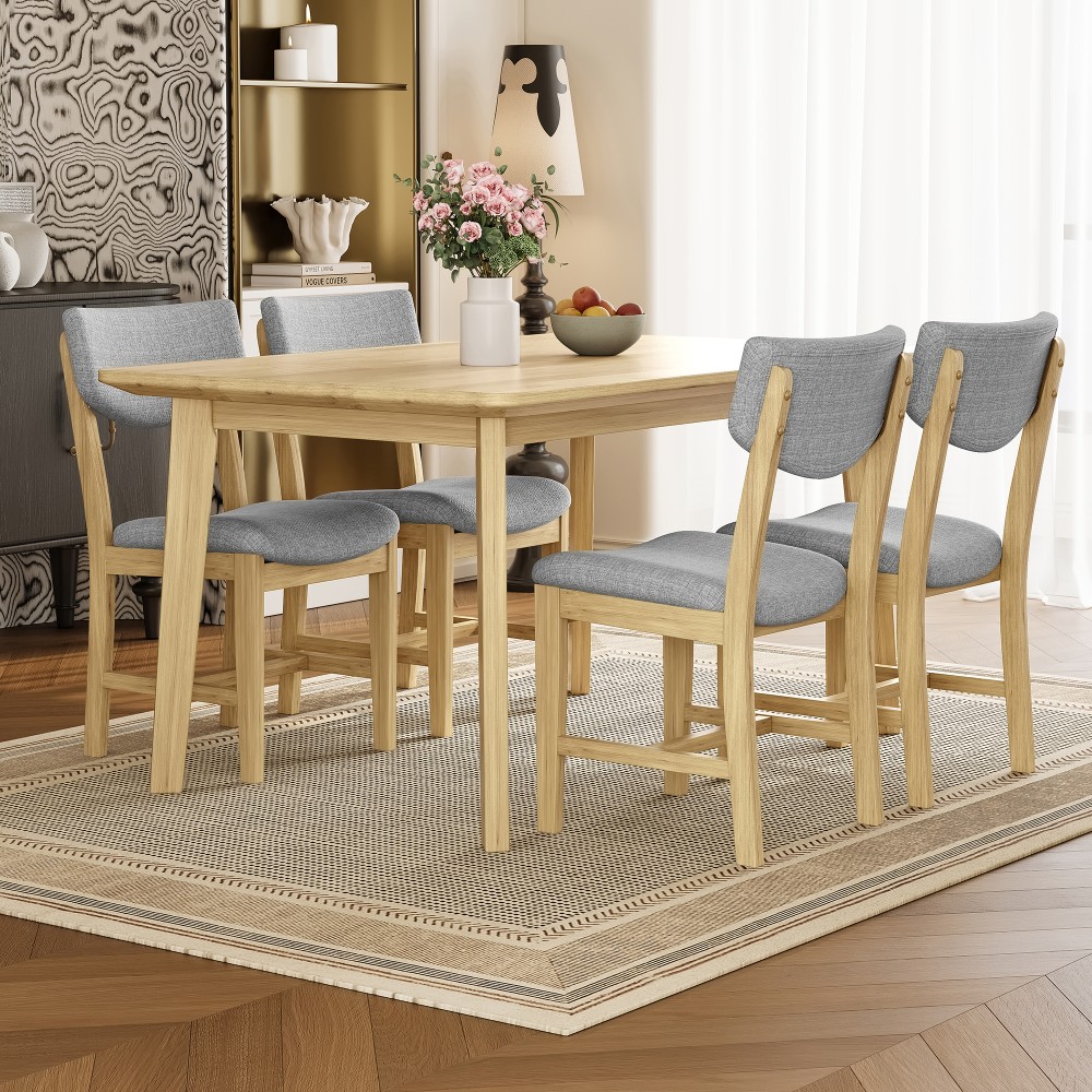 Rustic 5-Piece Dining Set - 1 Solid Wood Table + 4 Upholstered Chairs, Farmhouse