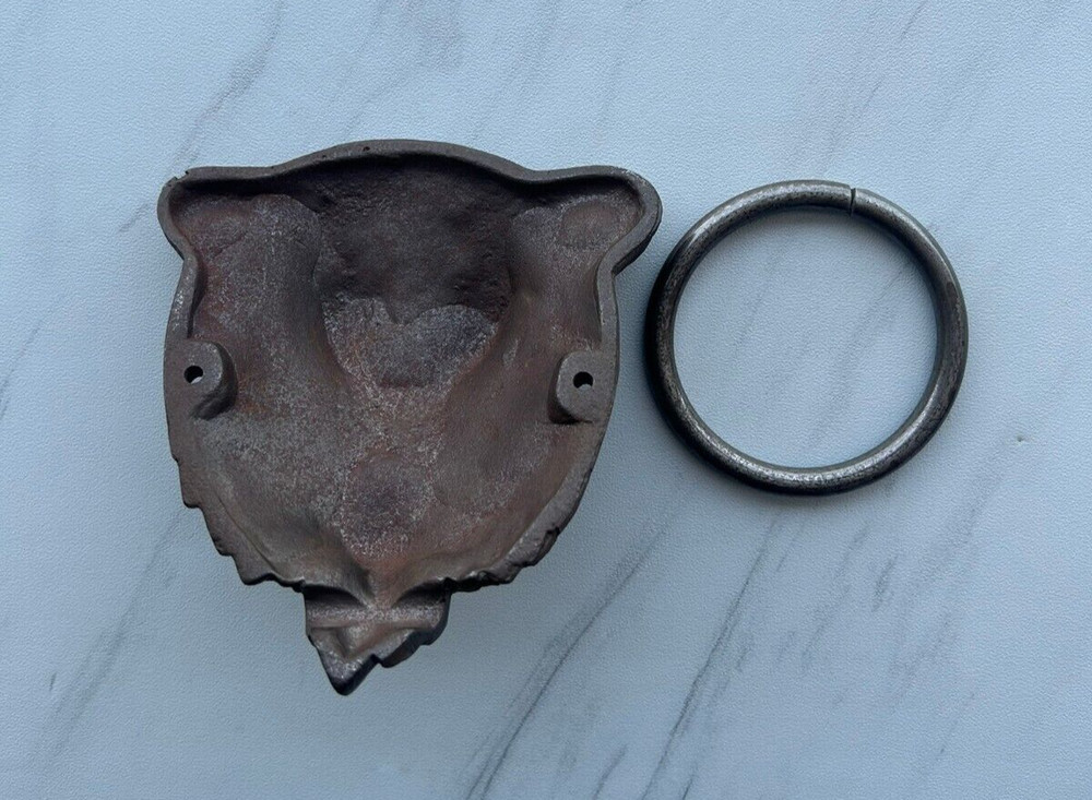 Vintage Grizzly Bear Head Cast Iron Door Gate Chest Ring Pull Handle Knocker