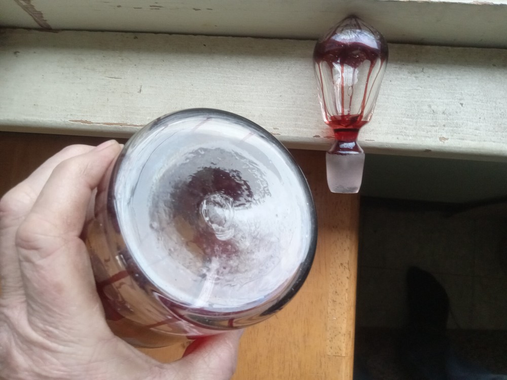 OPEN PONTIL RUBY RED STAINED CUT TO CLEAR WINE BOTTLE ORIGINAL MATCHING STOPPER