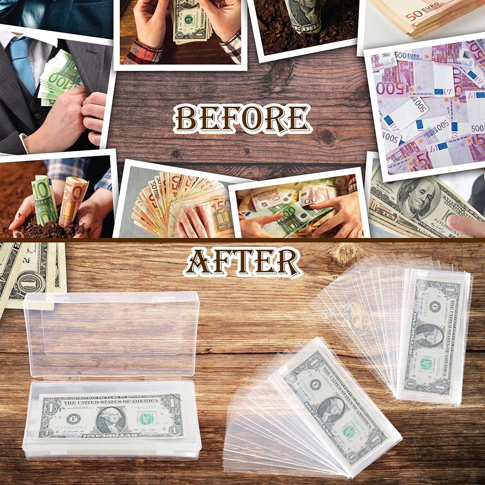 200 Pack Dollar Bill Holder Clear Rigid Sideload Currency Sleeves + Storage Case