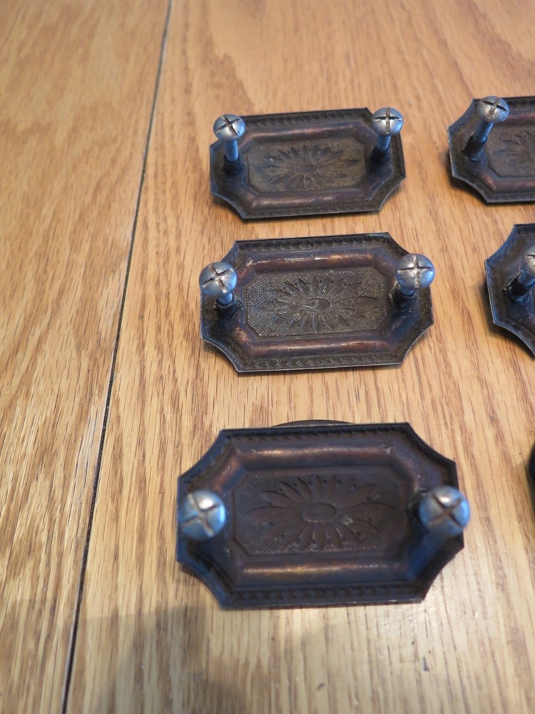Antique Brass Tone Drawer Pulls Drop Pulls - Set of 9