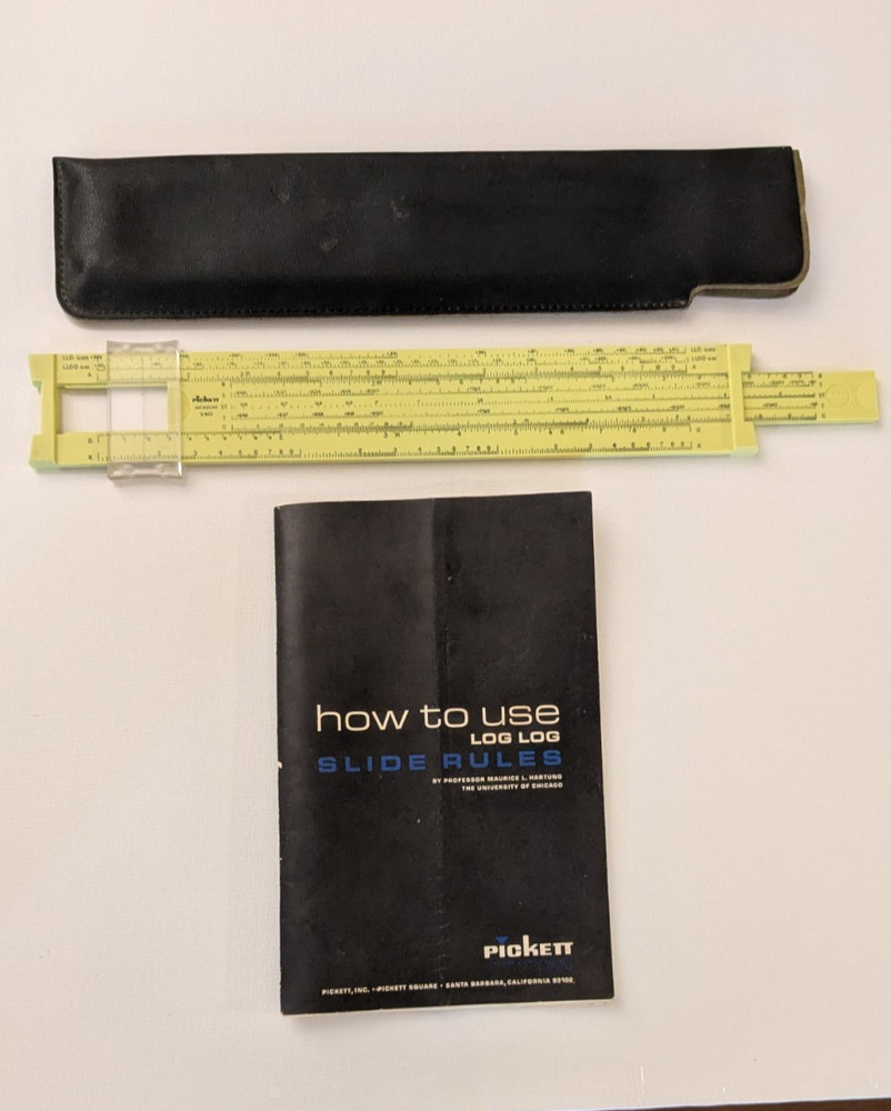 Pickett Microline 120 Yellow Basic Slide Rule Cipher, Case & Instruction Book