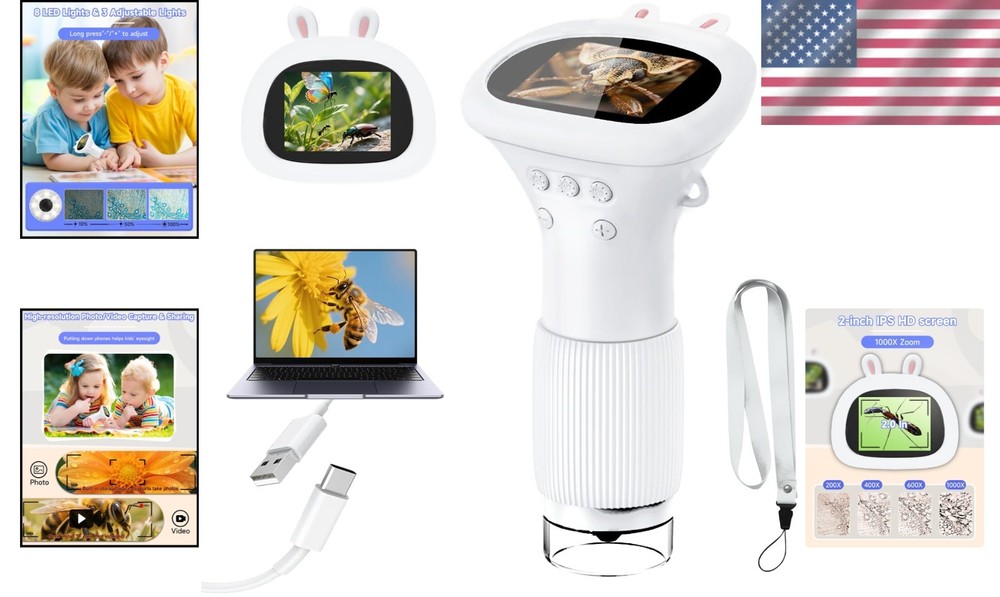 1000X Handheld Kids Microscope with 2.0-Inch Screen & LED Lights for Exploration
