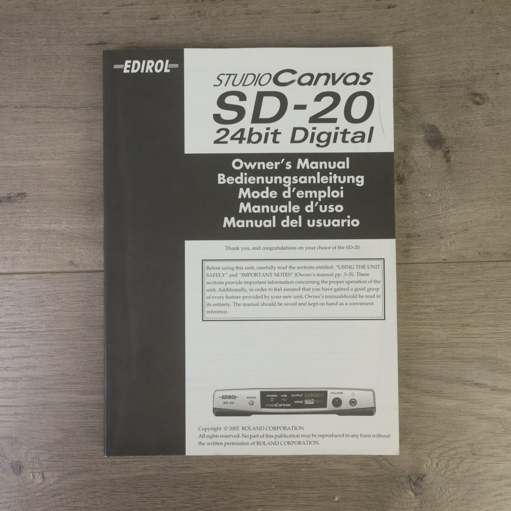 Edirol SD-20 Studio Canvas Owners Manual