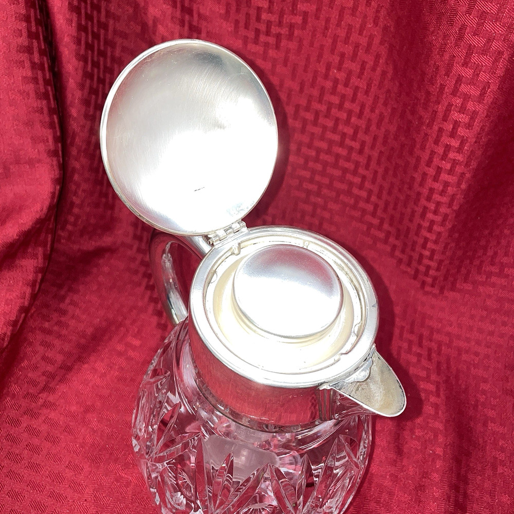 VINTAGE LARGE CRYSTAL COOLING PITCHER SILVER HANDLE AND LID