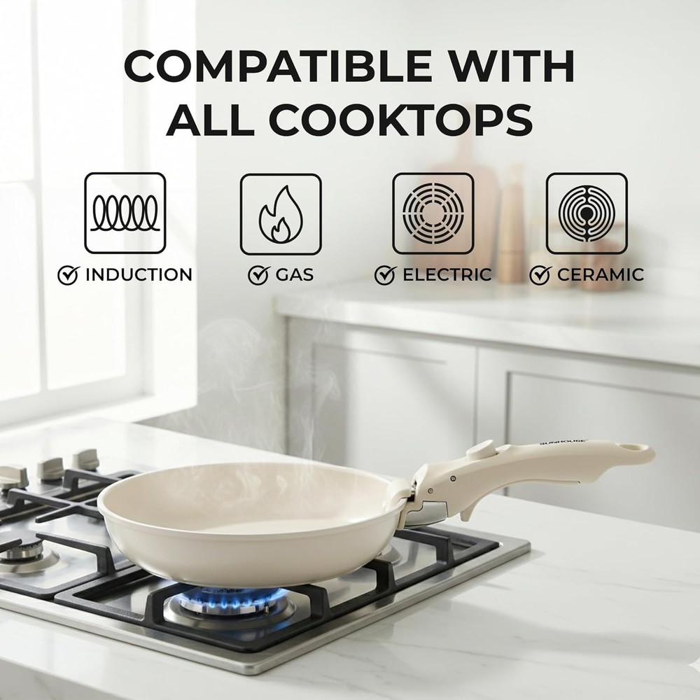 5-Piece Ceramic Nonstick Cookware Set with Detachable Handle White