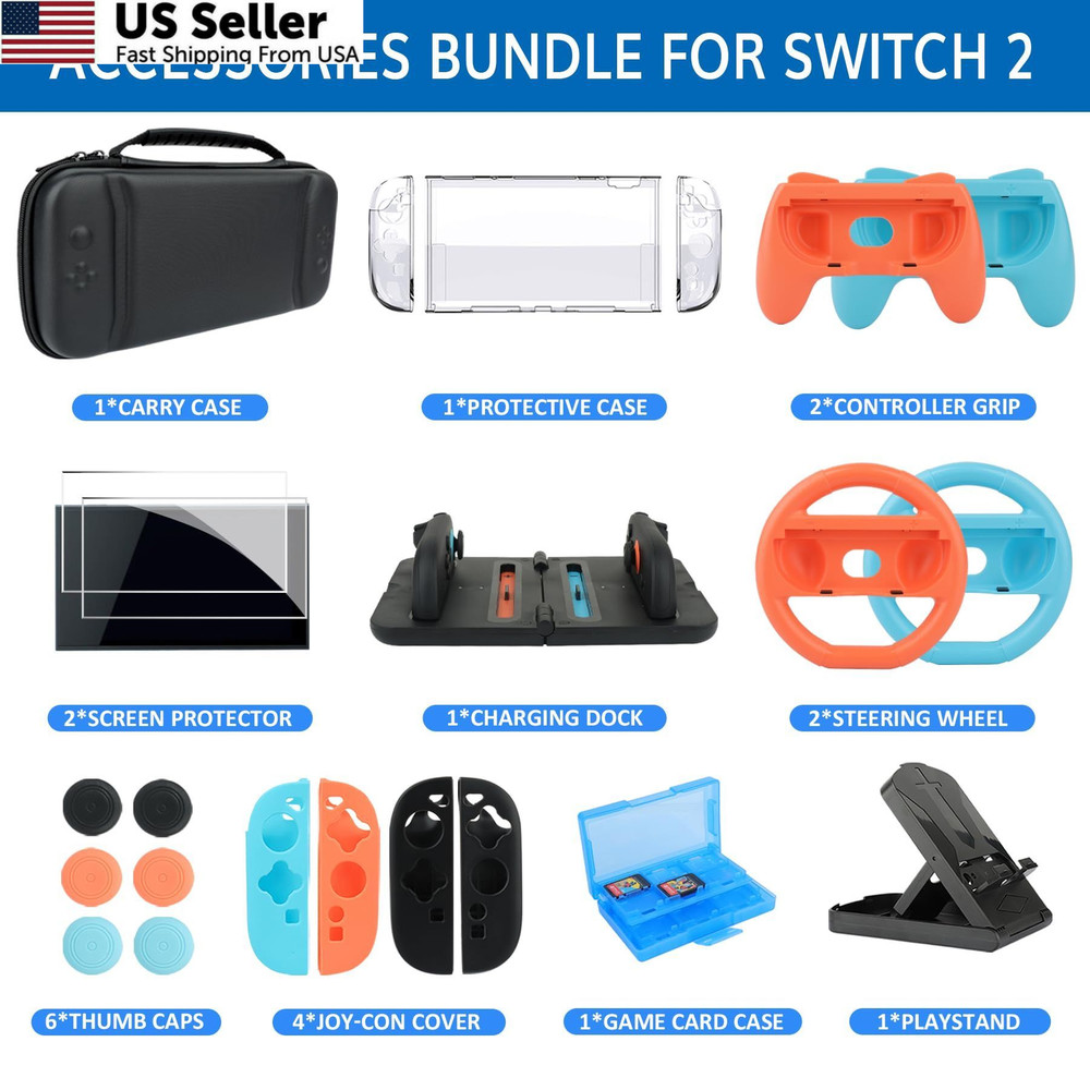 Switch 2 Accessories Bundle for Nintendo 2, 2 Kit-Orange Blue