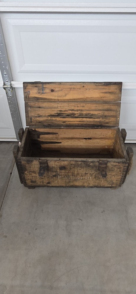 Antique Rectangular Wood Chest with Hinged Lid, Brown Metal Hardware