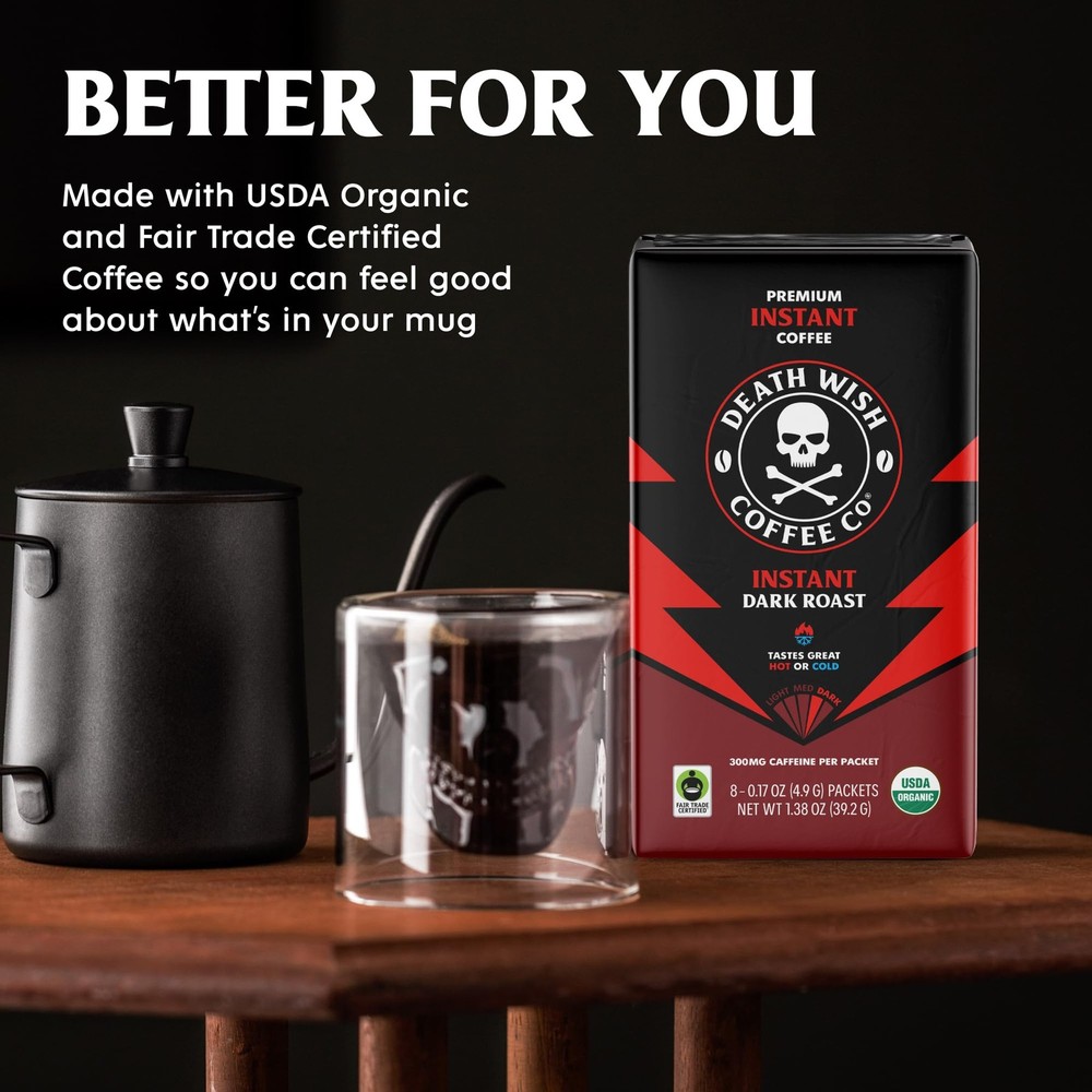Death Wish Coffee Instant Dark Roast Packets, 64 Count (8 per Pack)
