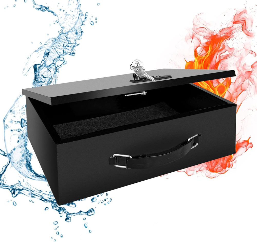 Fireproof Lock Box with Key and Combination Lock, Fire Safe Document Box, Portab
