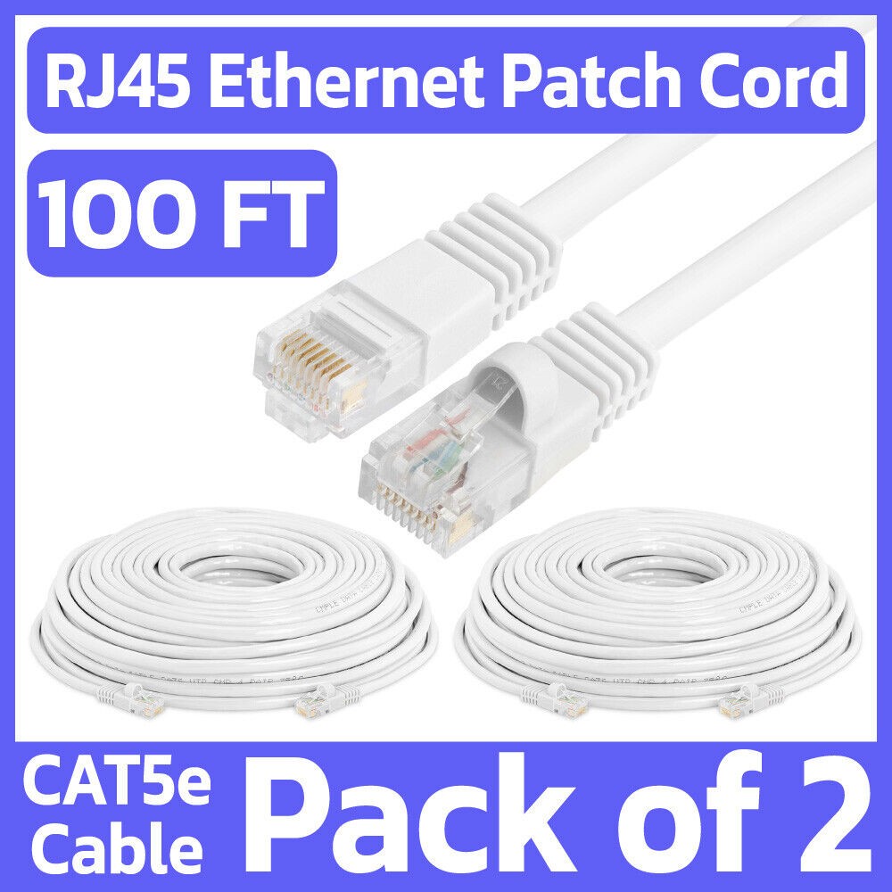 2 Pack White Cat5e Ethernet Patch Cable 100ft RJ45 Network Cord Internet Wire