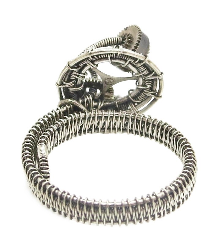 Adjustable Peridot Steampunk Ring in Sterling Silver & Stainless Steel