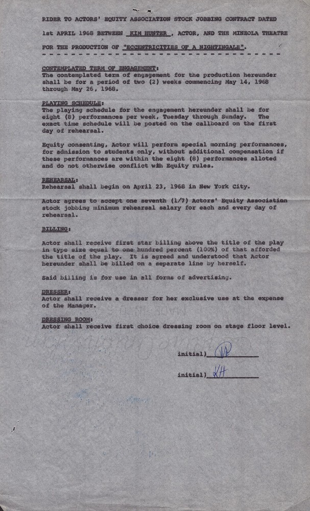 KIM HUNTER - CONTRACT SIGNED 04/01/1968