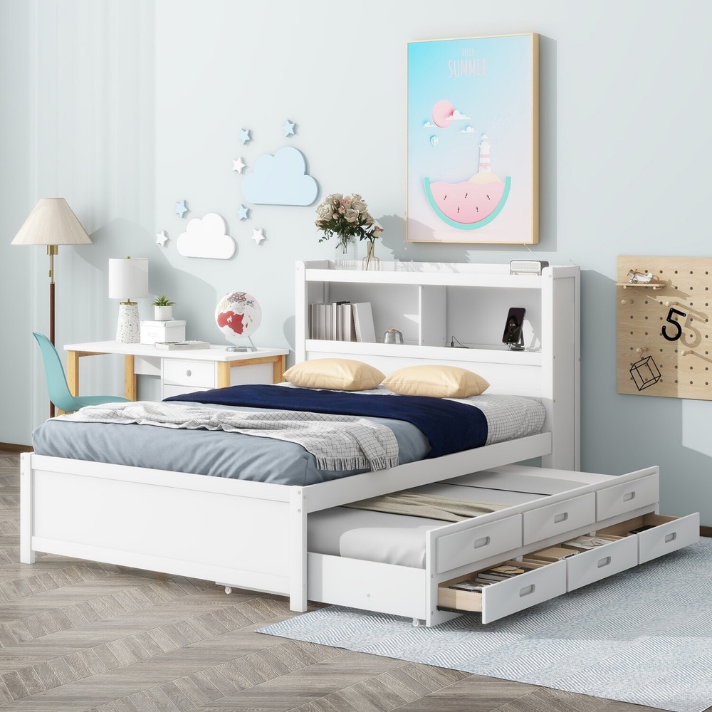 Full Size Bed Frame Wood Platform Bed w/ Pull-Out Trundle & Drawer White/Gray
