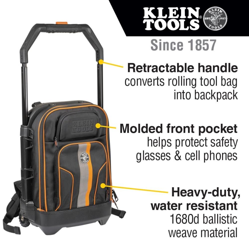 Klein Tools 55604 Rolling Tool Backpack, Tool Bag with 28 Pockets, Heavy Duty...