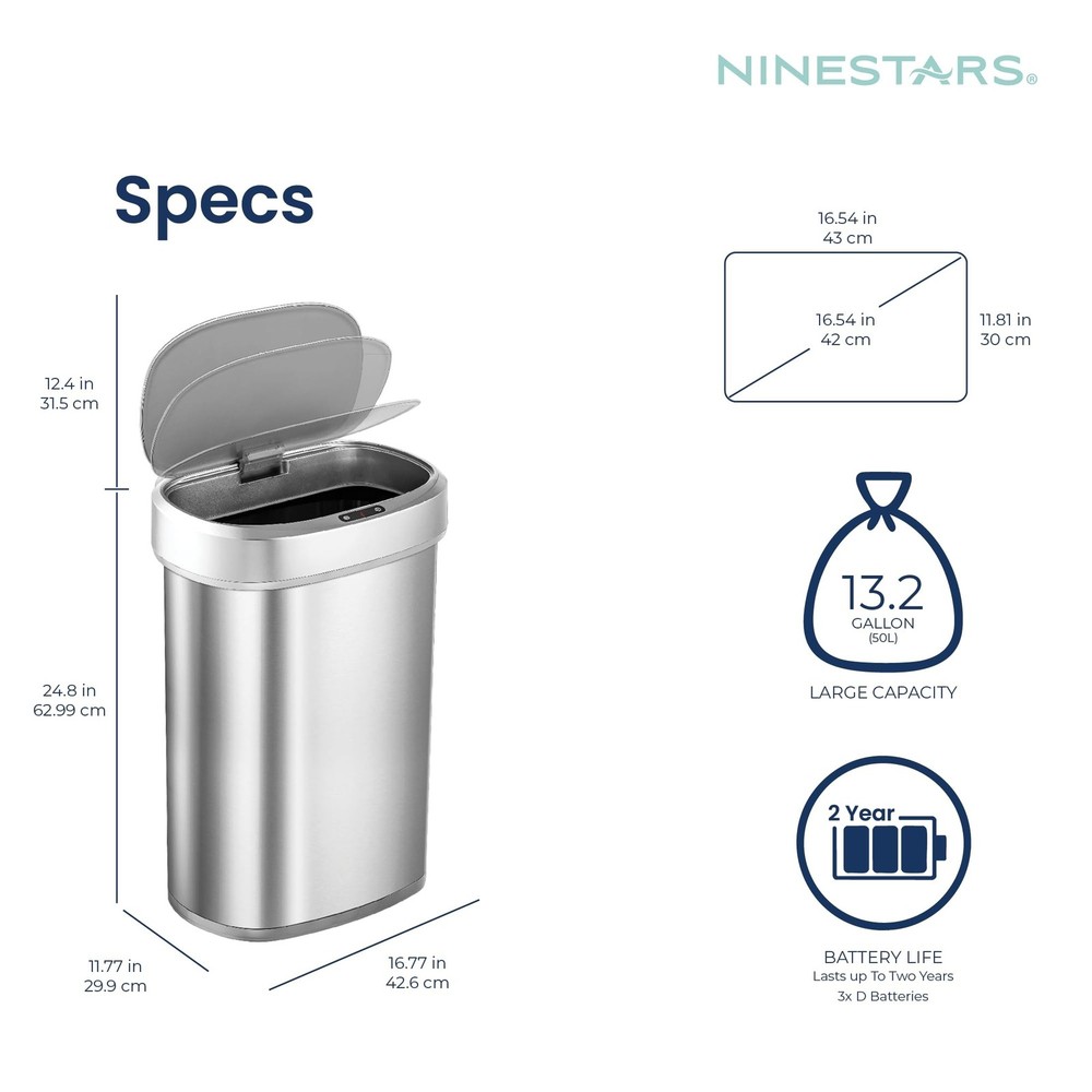 Ninestars DZT-50-49 Automatic Touchless Motion Sensor Oval Trash Can with Bla...