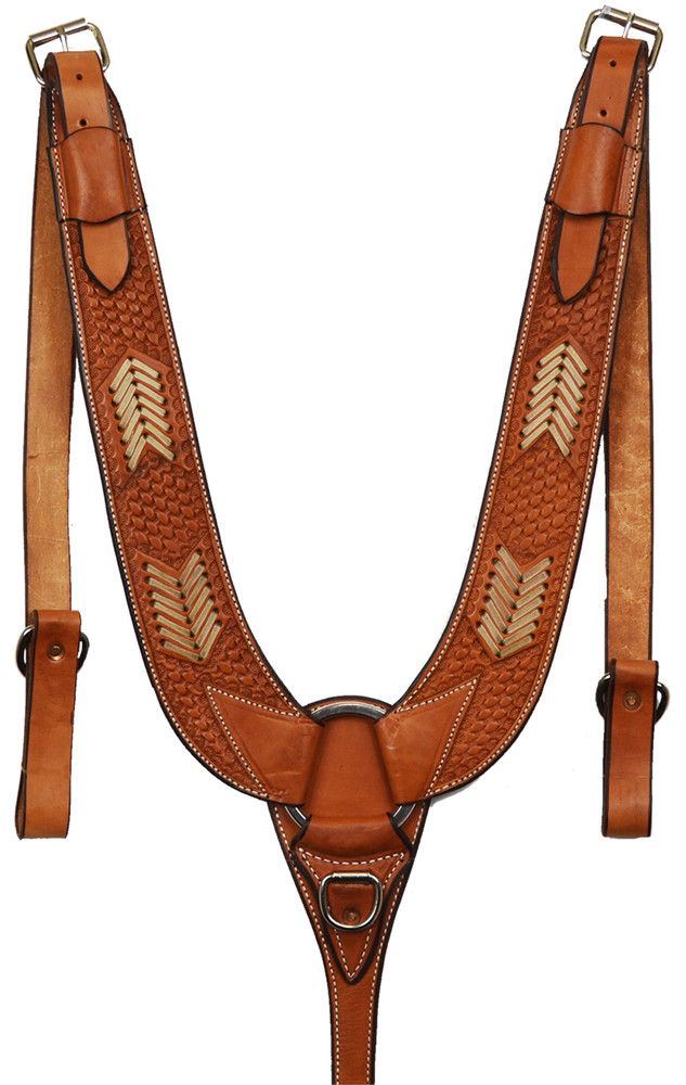 Western Natural Leather Hand Tooled Pulling Collar with Rawhide Braiding