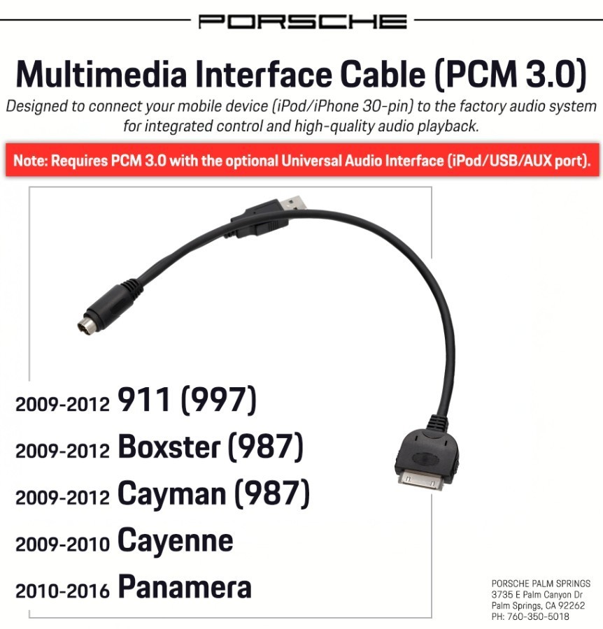 Genuine Porsche PCM 3.0 IPod & IPhone Interface Cable 99761247102