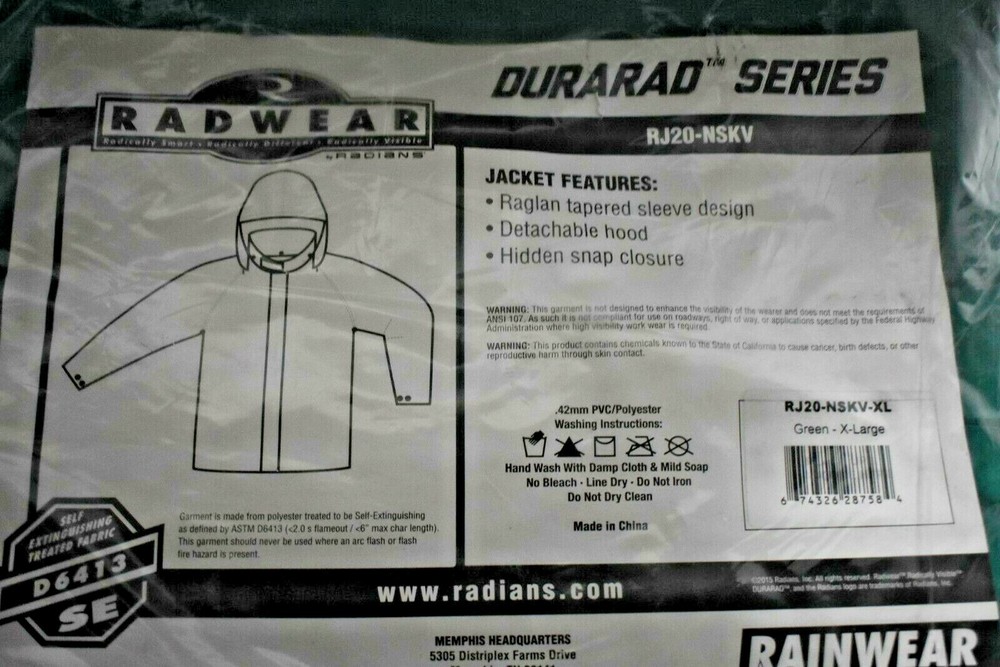 Durarad Series RJ20-NSKV Rainwear Jacket Green - SIZE XL