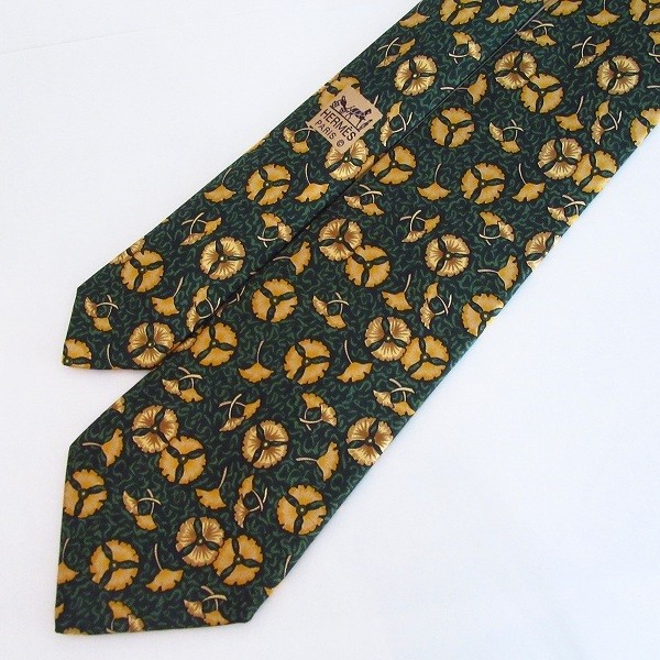 HERMES Tie Green Yellow Allover Pattern Silk
