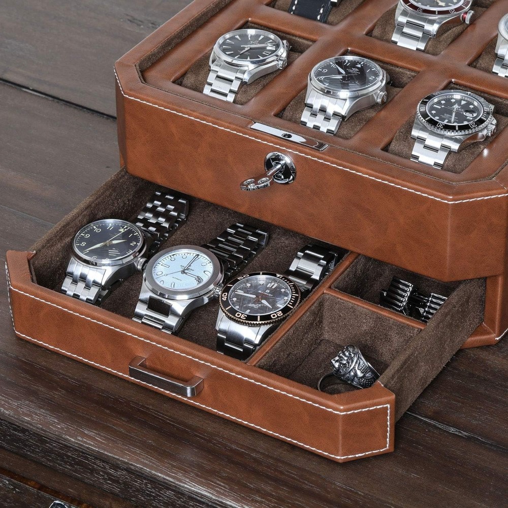 Modern Leather Watch Display Case - Drawer Organizer