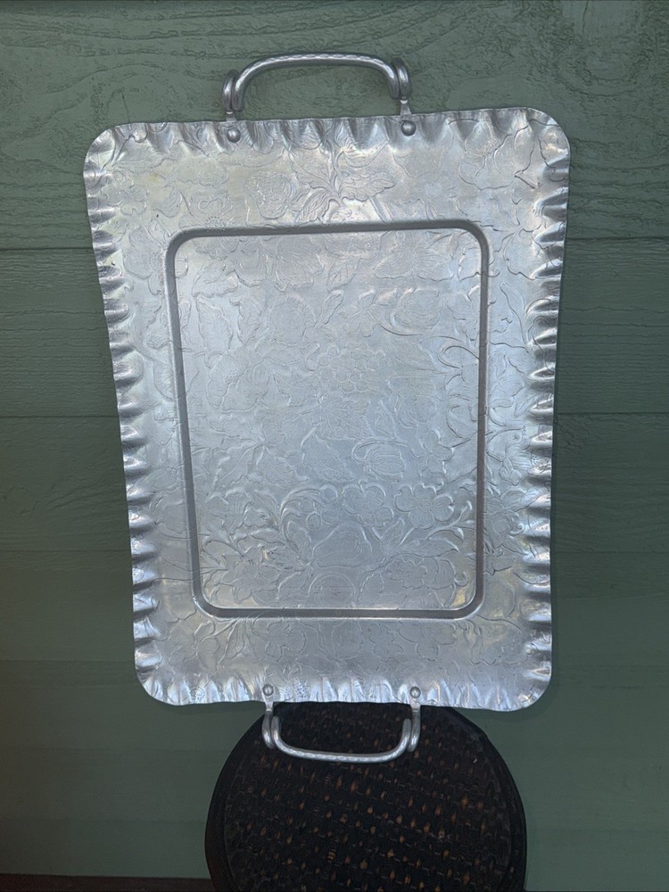 Vintage Silver Metal Serving Tray -floral Pattern