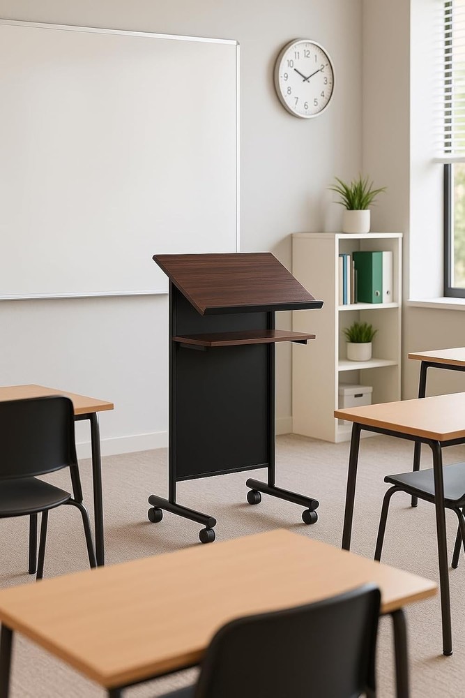 Audio-Visual Direct Wheeled Lectern Podium - Standing Standing, Black/Cherry