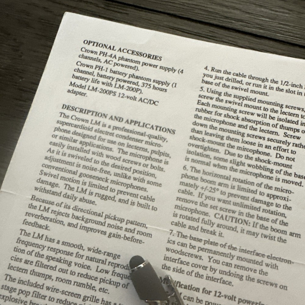 CROWN Lectern Microphone LM-190 LM-200 Spec Instructions 1989