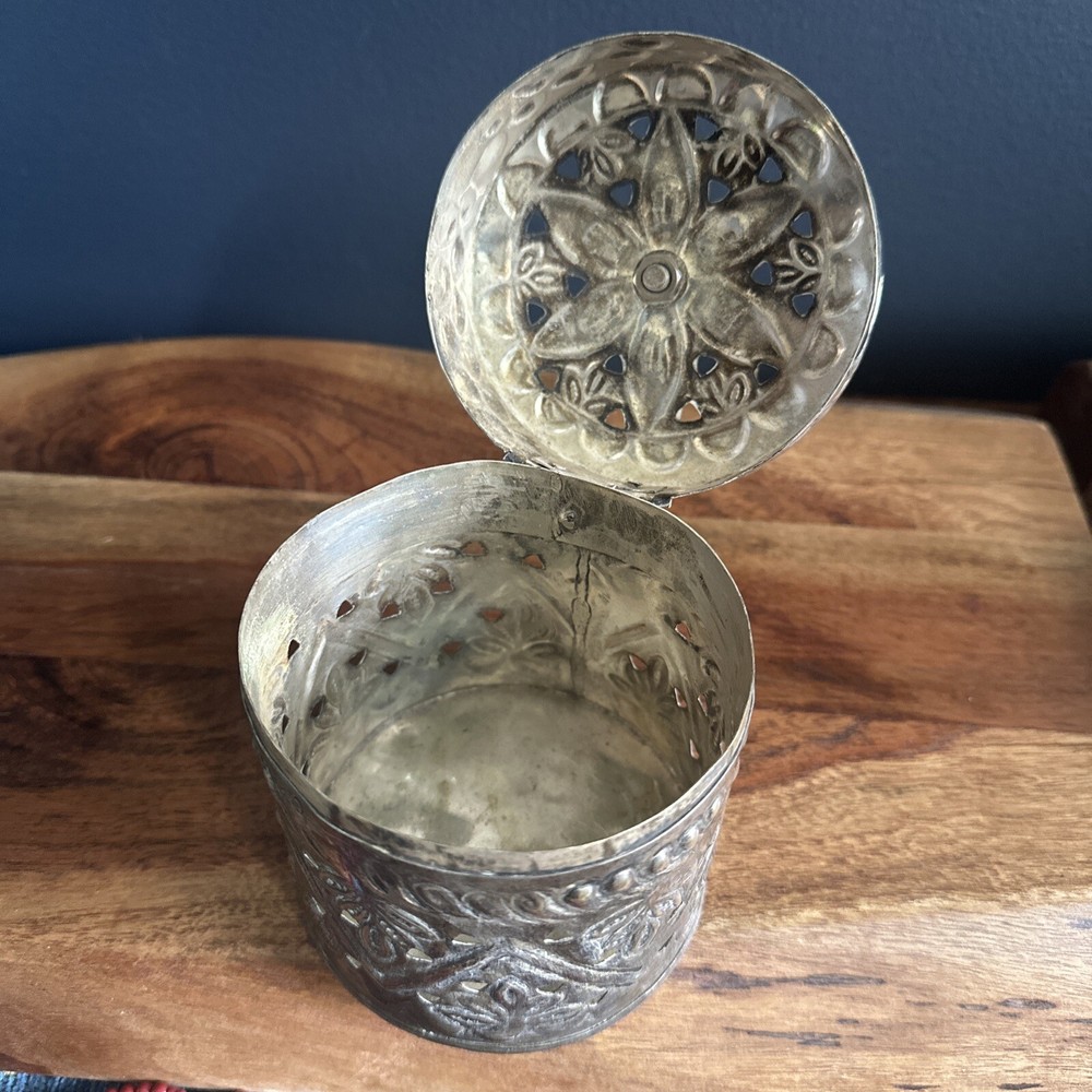 Pierced Brass/Silver Box with Hinged Lid - Middle Eastern Good Solid Old Nice!