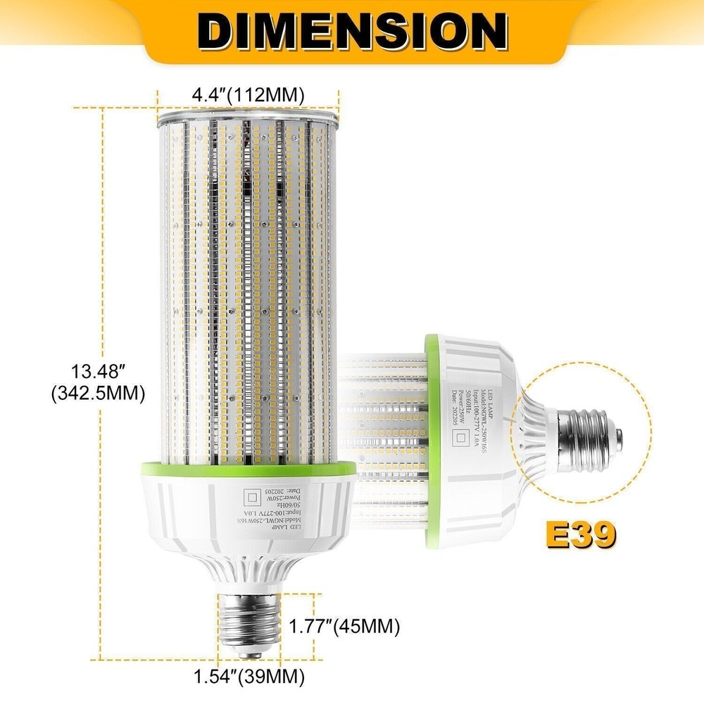 12Pack 250W LED Corn Light Bulb 5000K E39 Base, Warehouse Workshop High Bay Lamp