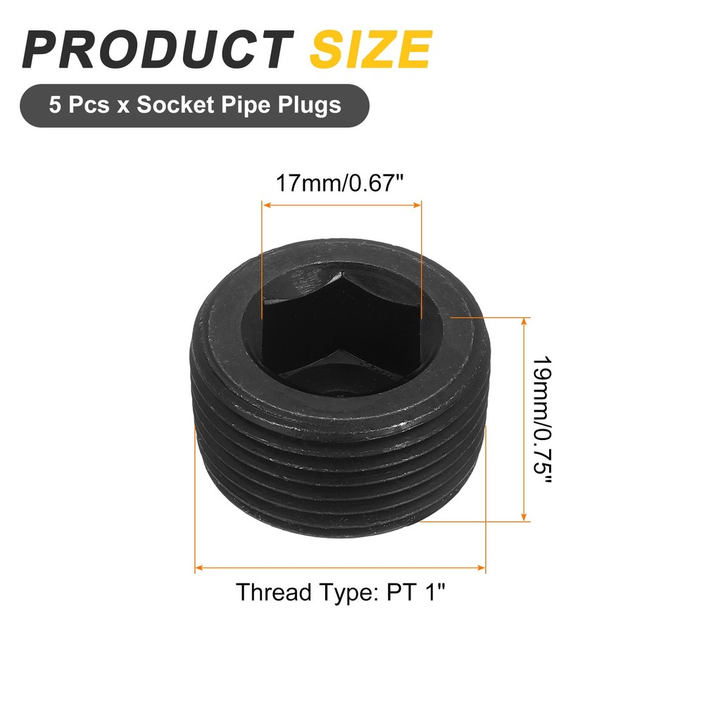 5Pcs Socket Pipe Plugs, PT 1"Carbon Steel Hex Thread Pipe Caps, Black