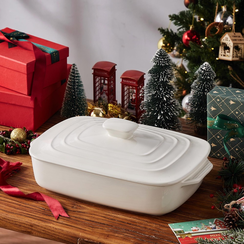 Large Ceramic Casserole Dish with Lid, 4.0 Quart Covered Rectangular Stonewar...