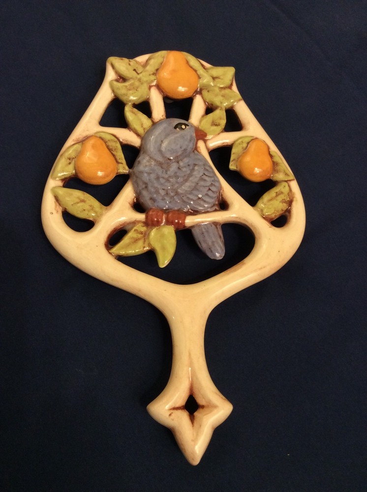 Ceramic Owl Pan Rest Trivet With Bluebird and Pear tree AA