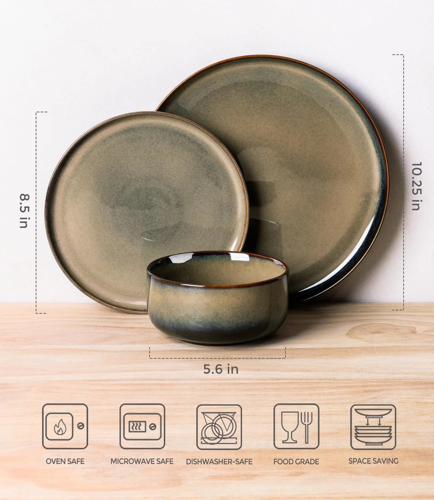 Ceramic Dinnerware Sets for 4, 12 Pieces Handmade Reactive Glaze Plates and B...
