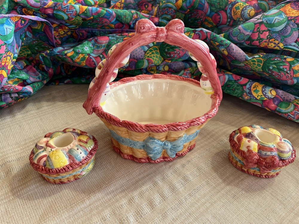 Handpainted Ceramic Easter Basket With Candle Holders  3 Pc Centerpiece Set