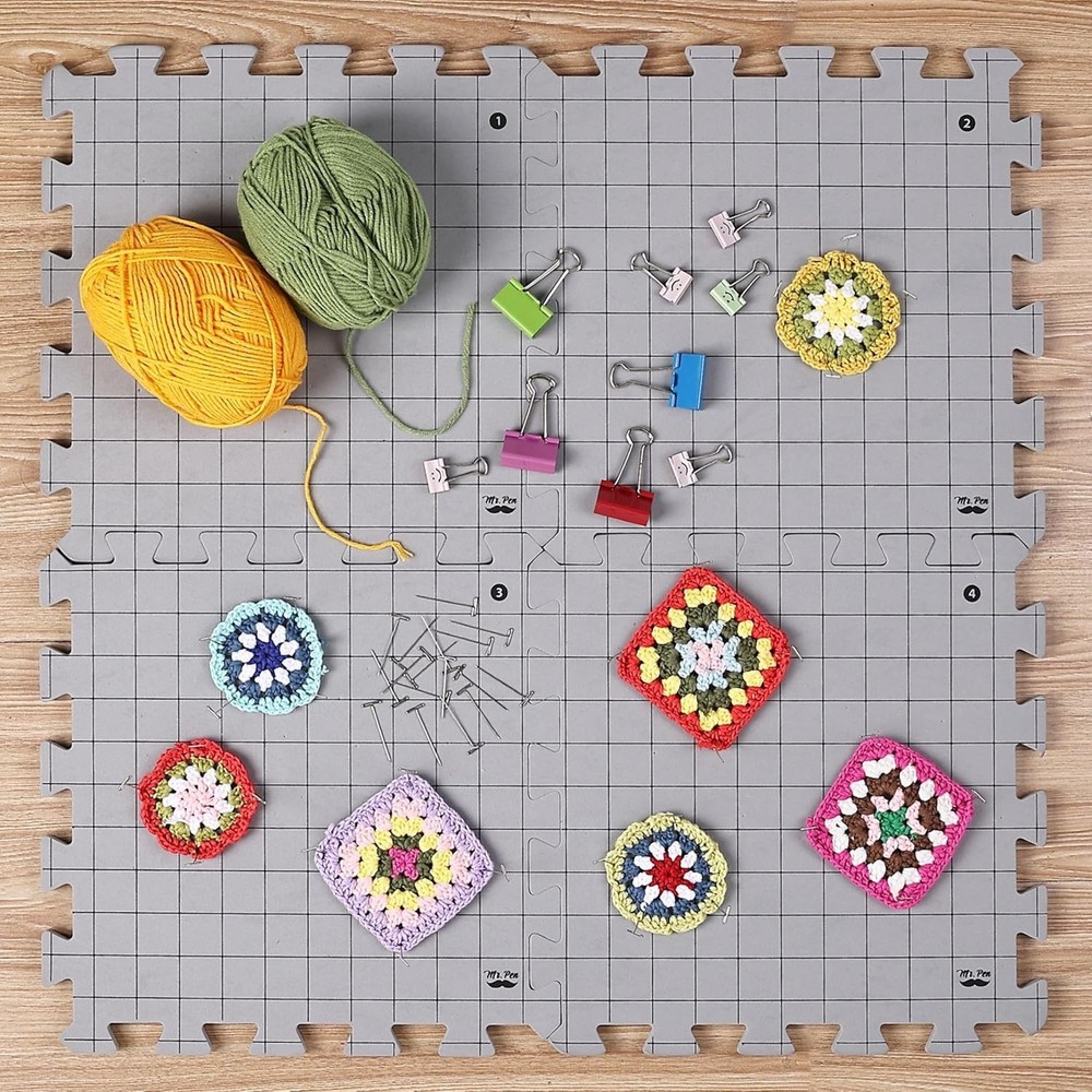Interlocking Blocking Mats: 12”x12” for Knitting & Crochet - 4 Pack with T-Pins