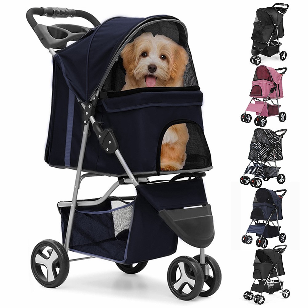 3/4 Wheels Foldable Pet Strollers Cat Dog Cage Strollers w/ Cup Holder & Basket