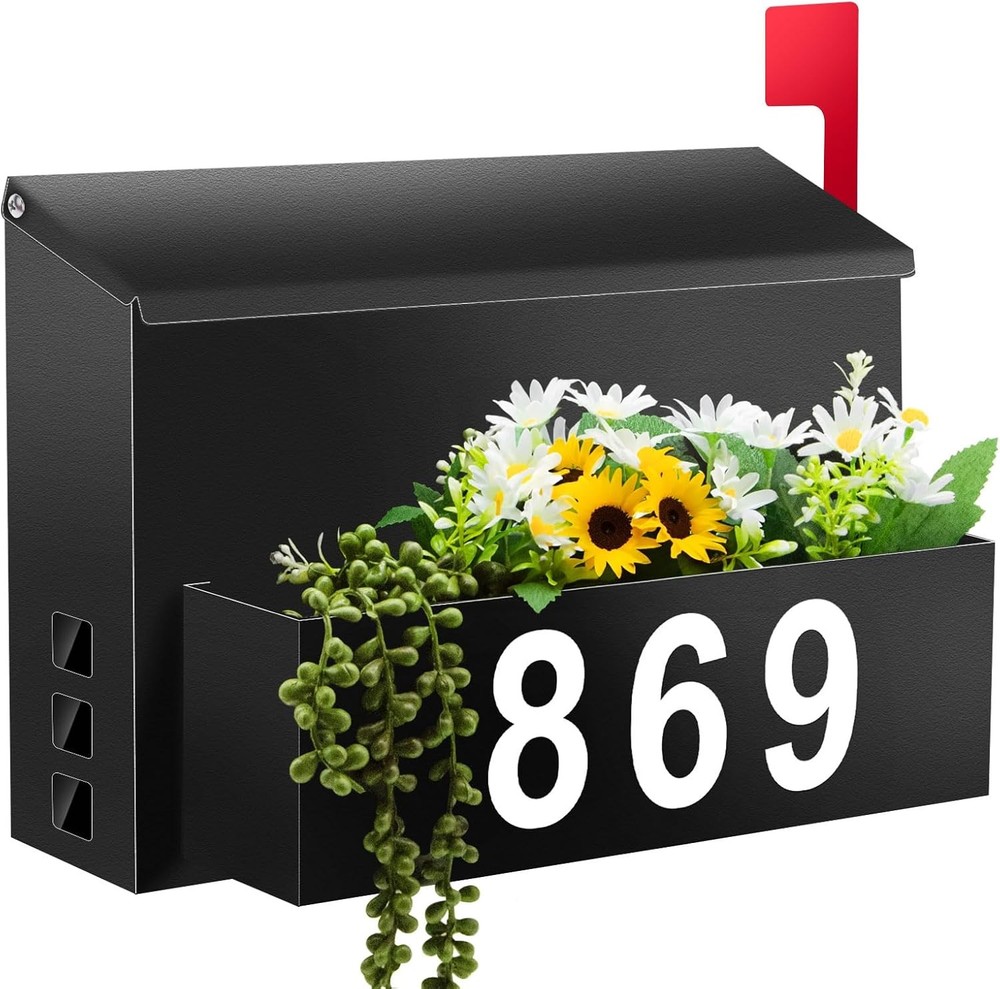 Wall-Mount Mailbox with Flag, Large Capacity Mailboxes for Large, Black