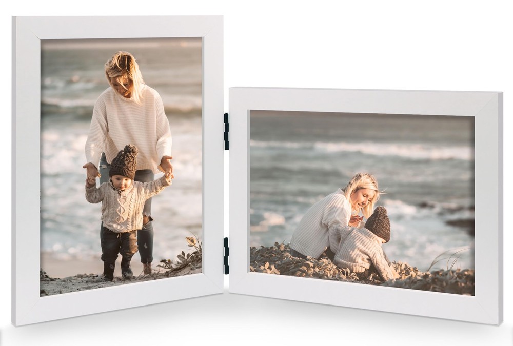 Vertical Horizontal Combo, Double 5x7 White Wood Foldable Picture Frame, Open...