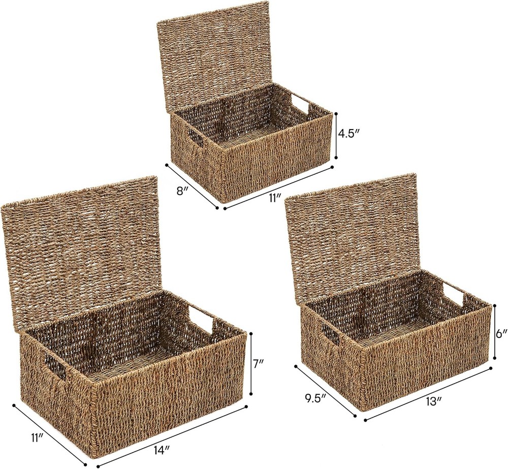 Stylish Storage Solution: Set of 3 Rectangular Seagrass Baskets with Lids