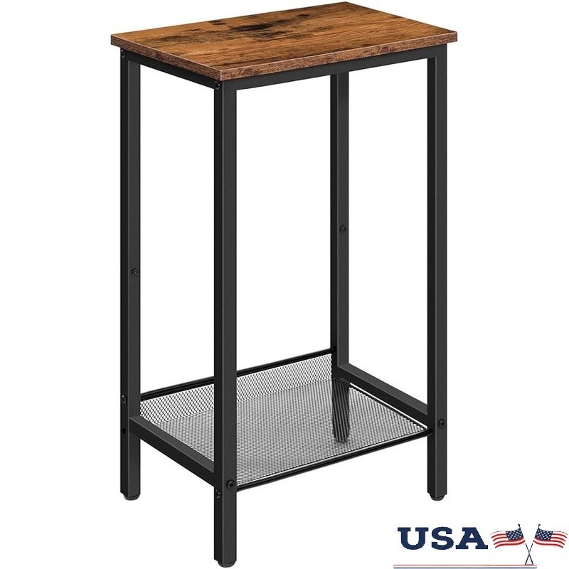 Tall Side Table Nightstand Small Space Adjustable Shelf Rustic Industrial New